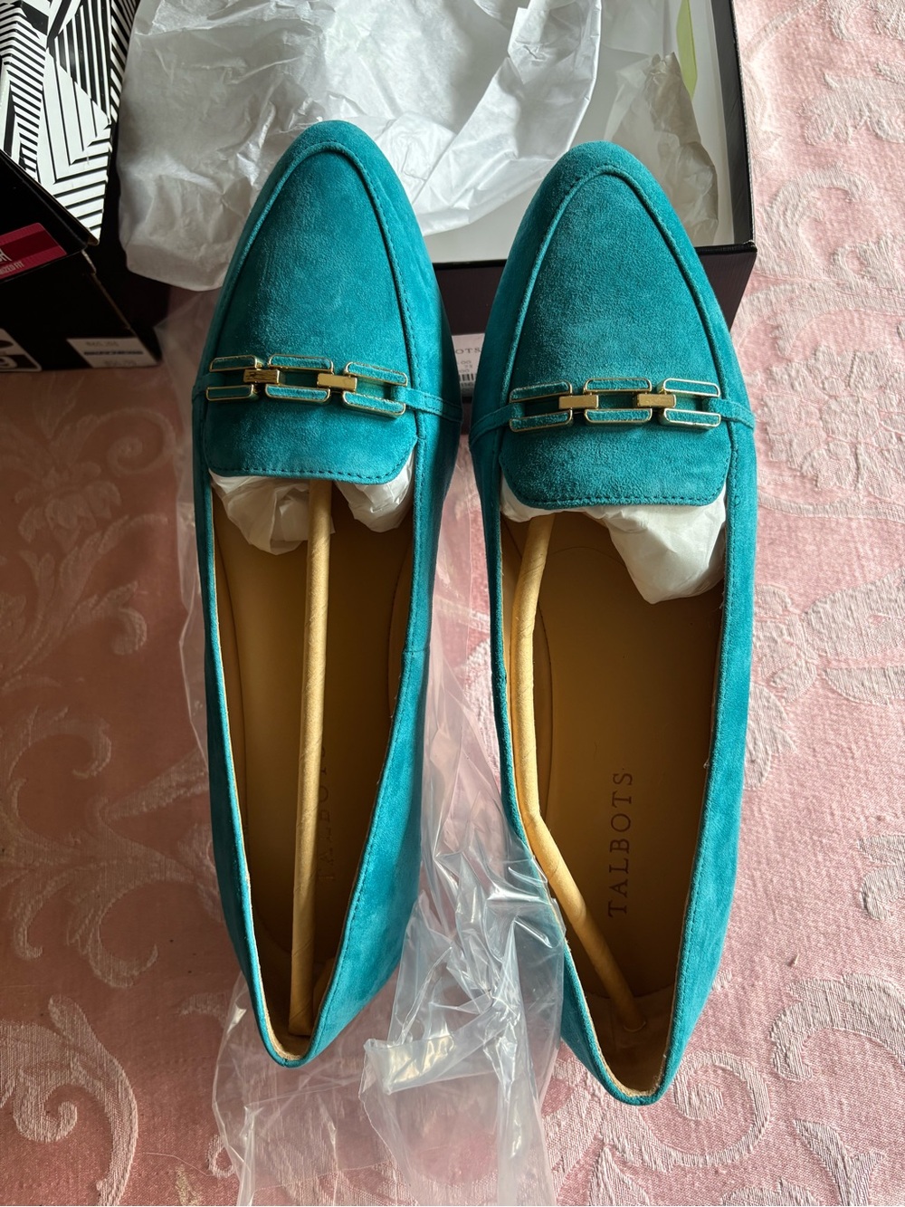 Talbots Teal Suede Loafers with Gold Chain Accent - never worn